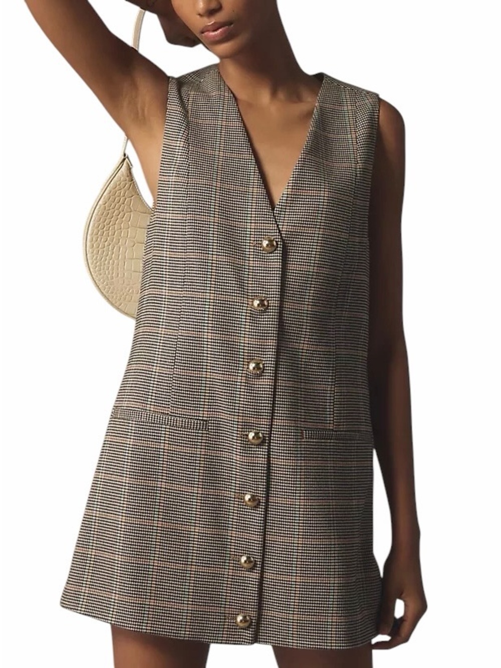 Anthropologie Maeve Button-Front Plaid Vest Mini Dress Brown & Tan Check Sz M